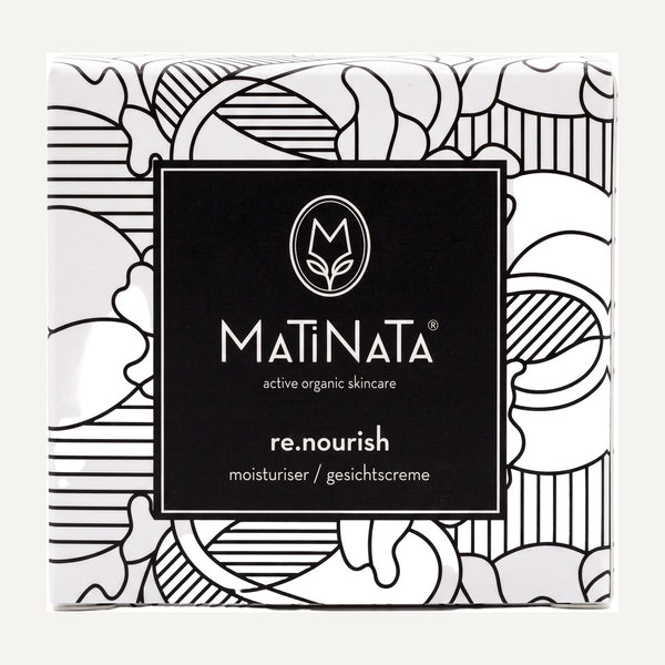 Matinata re.nourish face moisturiser 50 ml, certified organic – bottle with its recycled-paper box